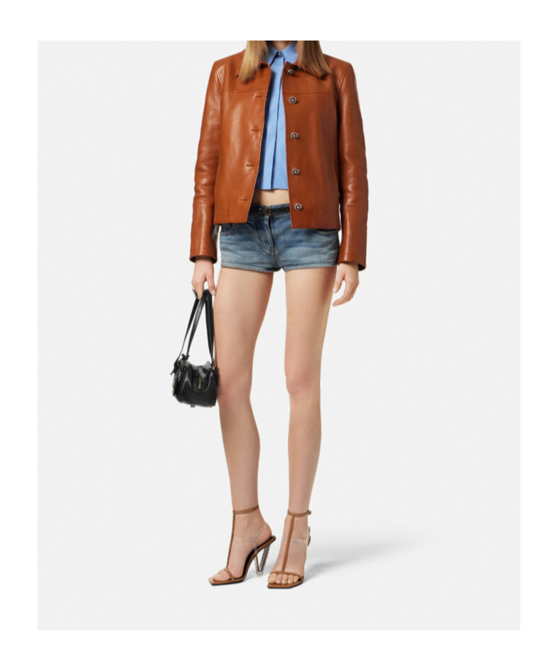 Versace Debossed Paneled Textured-leather Jacket In Brown