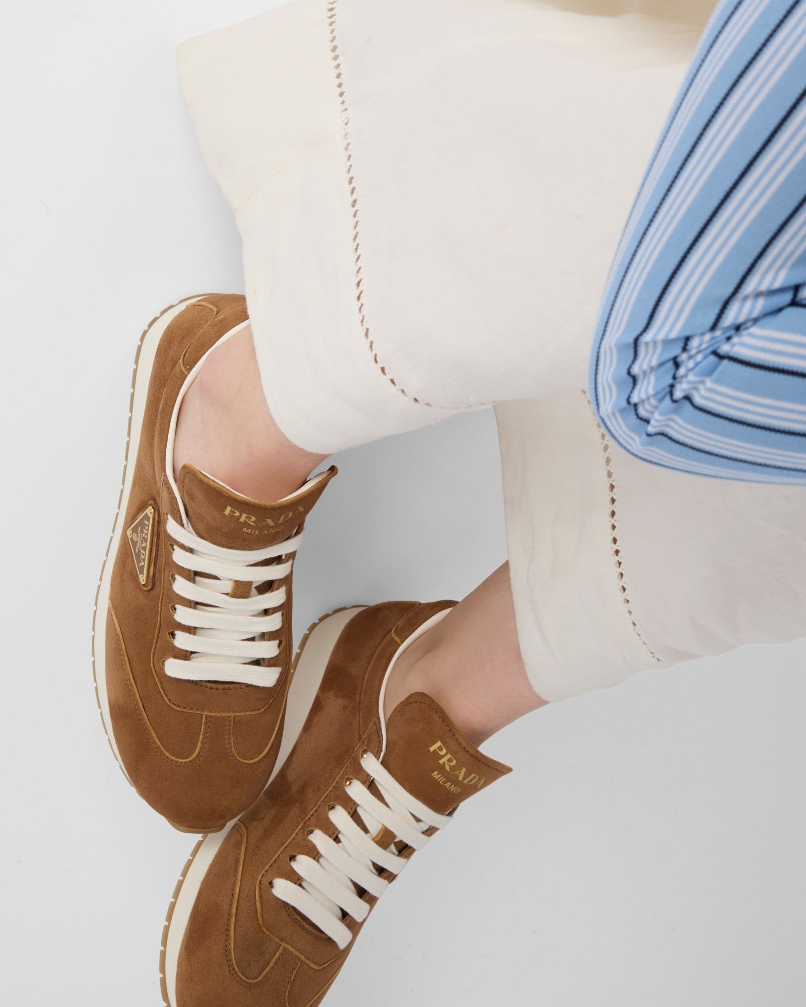 Prada Triangle Logo Suede Sneakers In Brown
