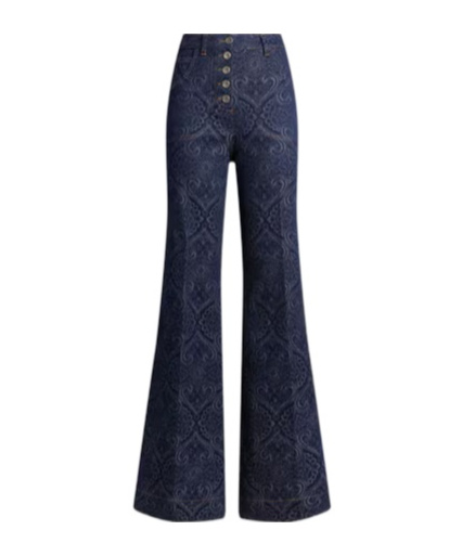 Etro Flared Jacquard Denim Jeans With Pegaso Buttons In Blue