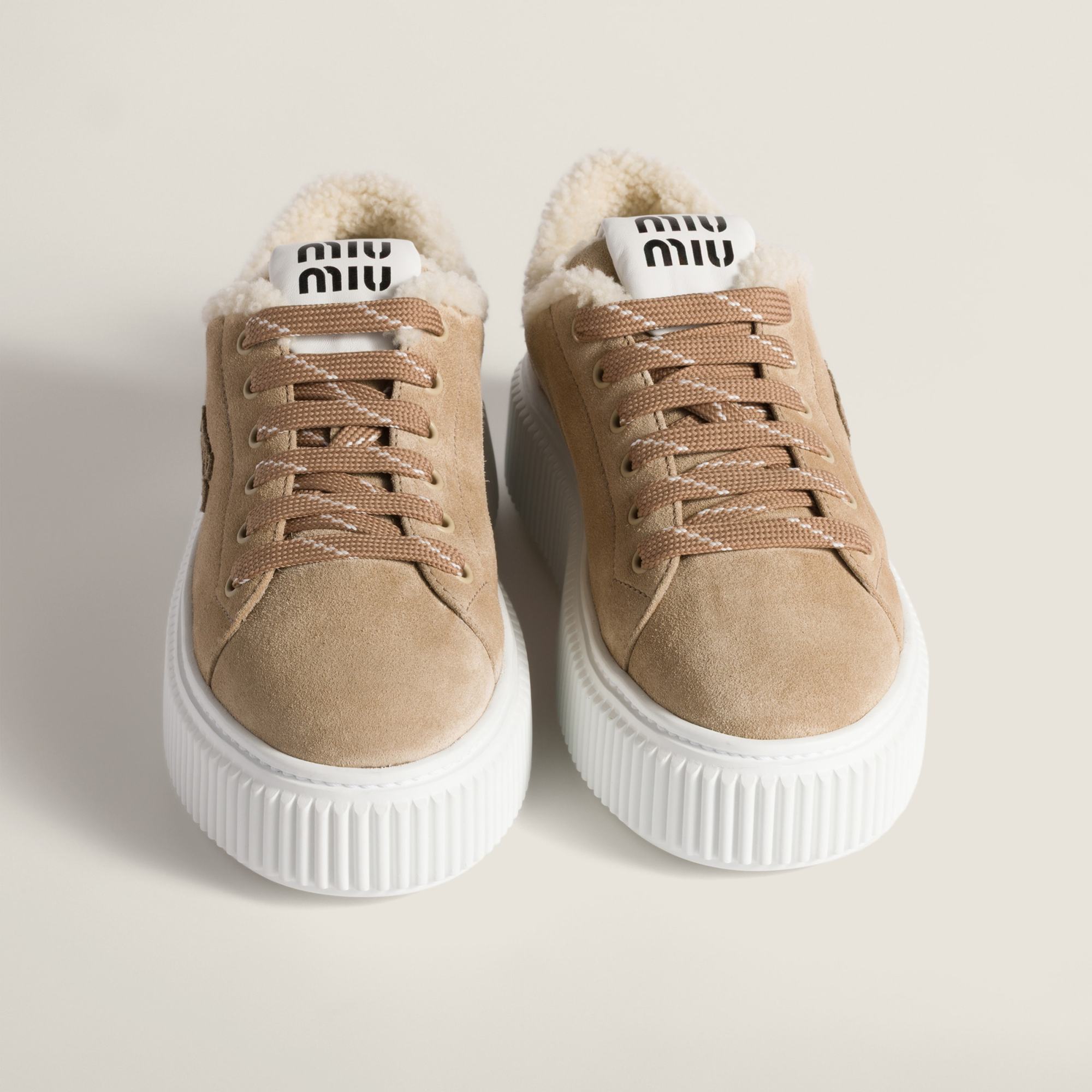 Miu Miu Suede And Shearling Sneakers In Neutral