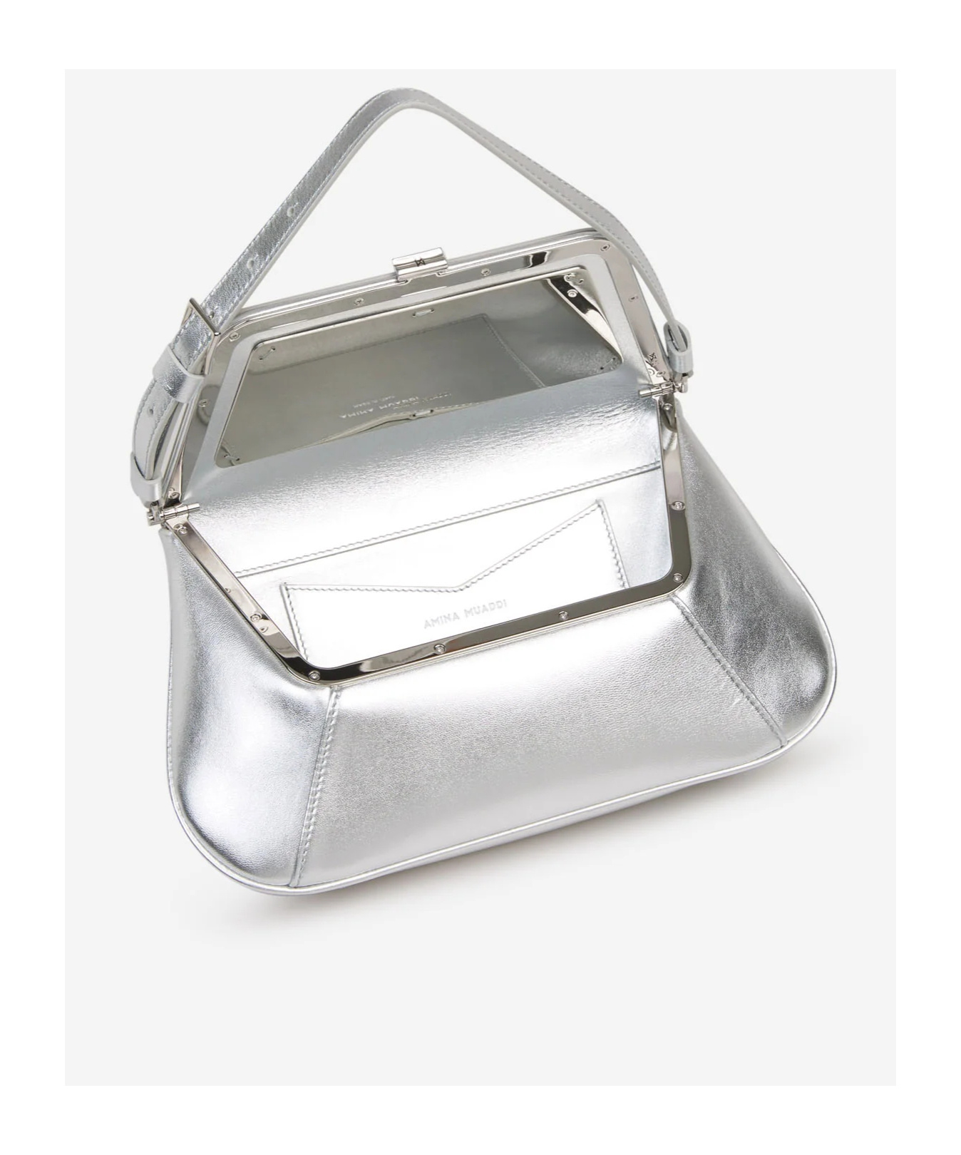 Amina Muaddi Ami Mini Frame Metallic Leather Shoulder Bag In Gray