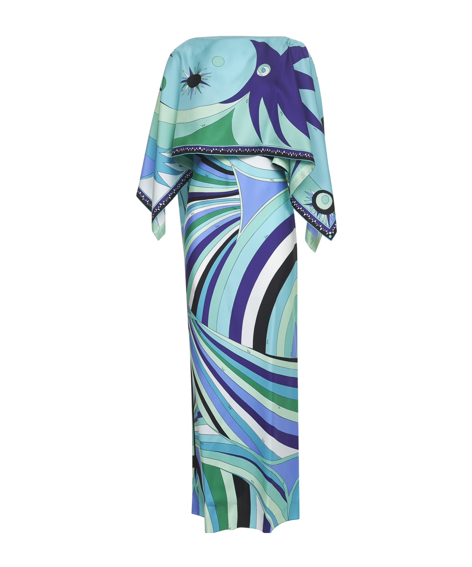 Pucci Iride Print Long Silk Dress With Cape In Blue