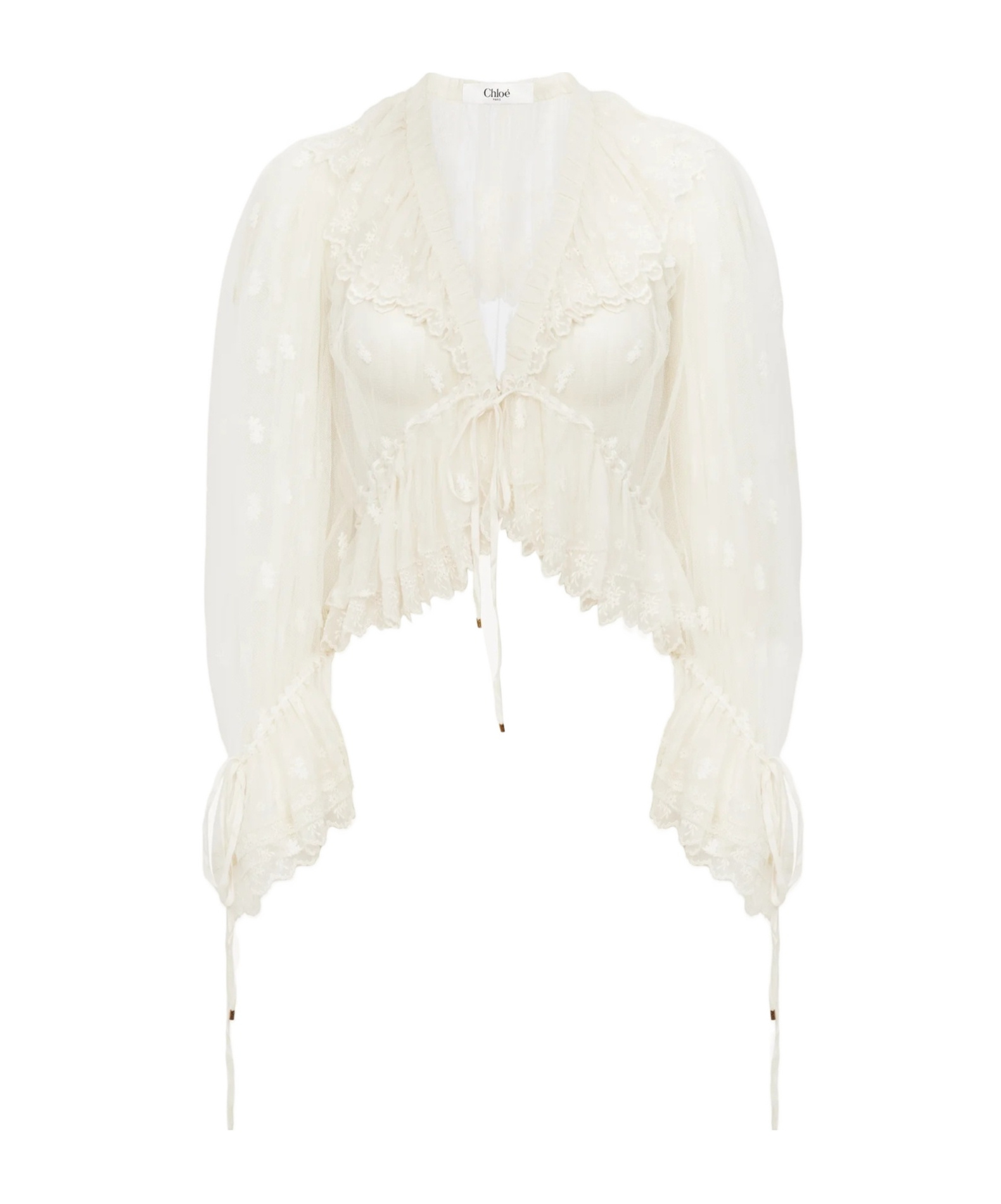 Chloé V-neck Ruffle Top In Embroidered Lace In Whispering White