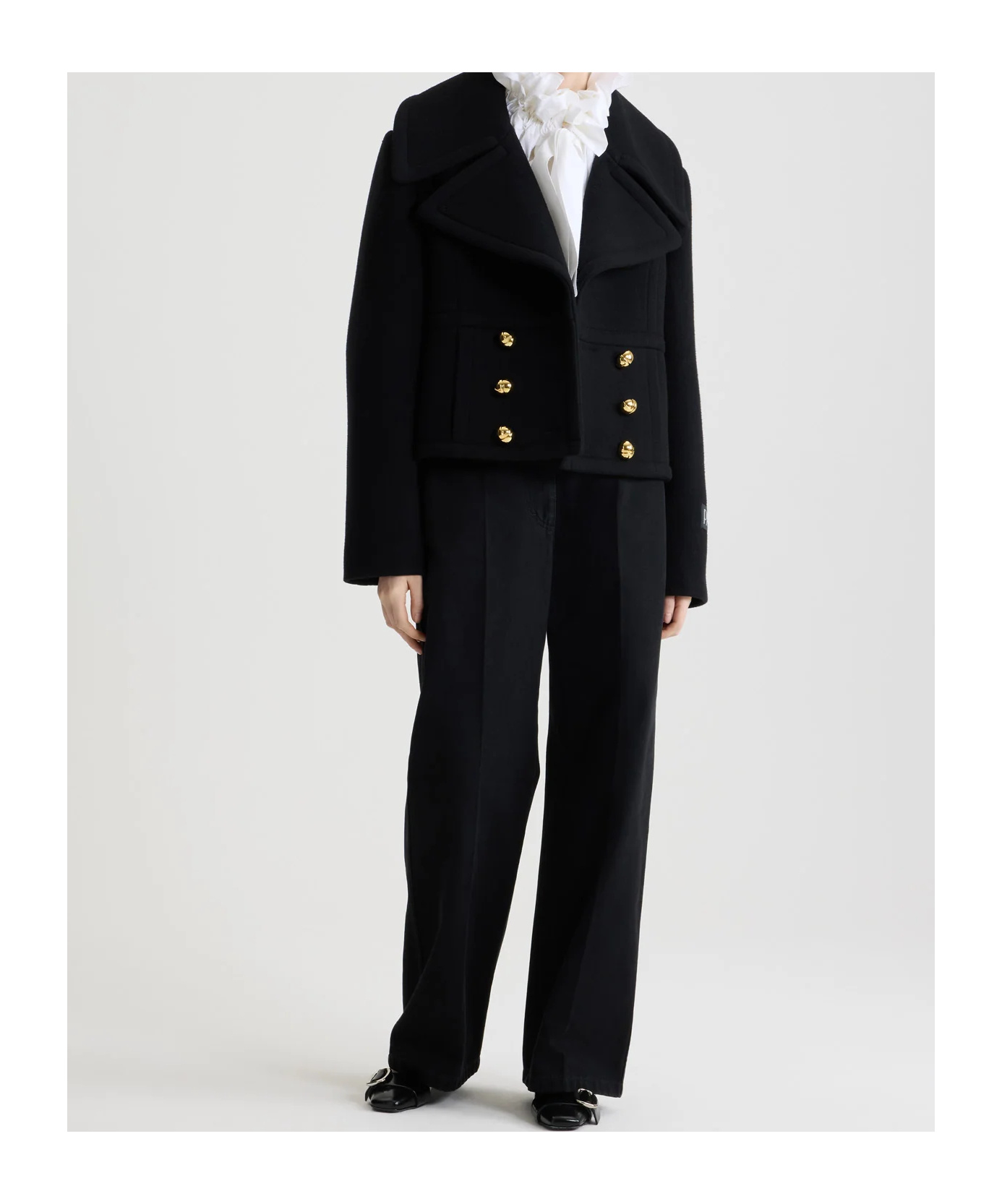 Patou Cropped Double Breasted Coat With Gold Buttons In Black
