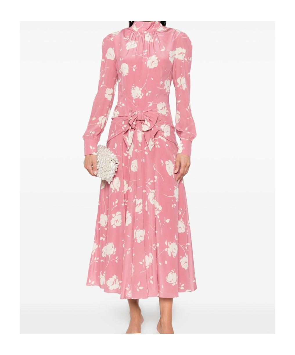 Alessandra Rich Bow-embellished Gathered Floral-print Silk-georgette Midi Dress In Pink