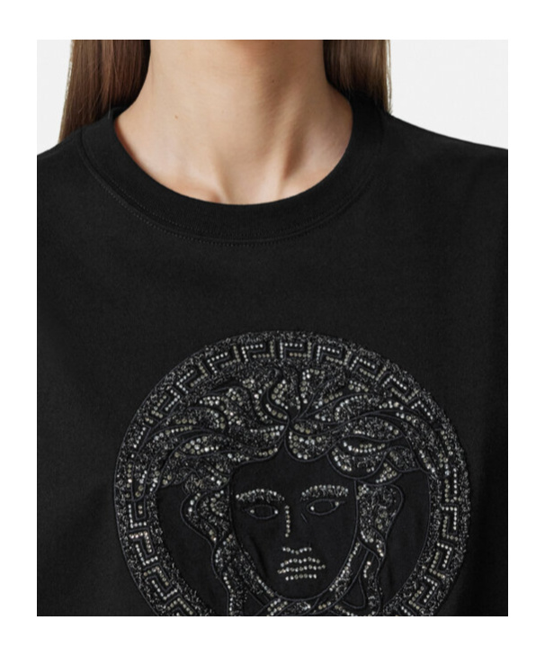Versace Black Embellished Medusa T-shirt In Black