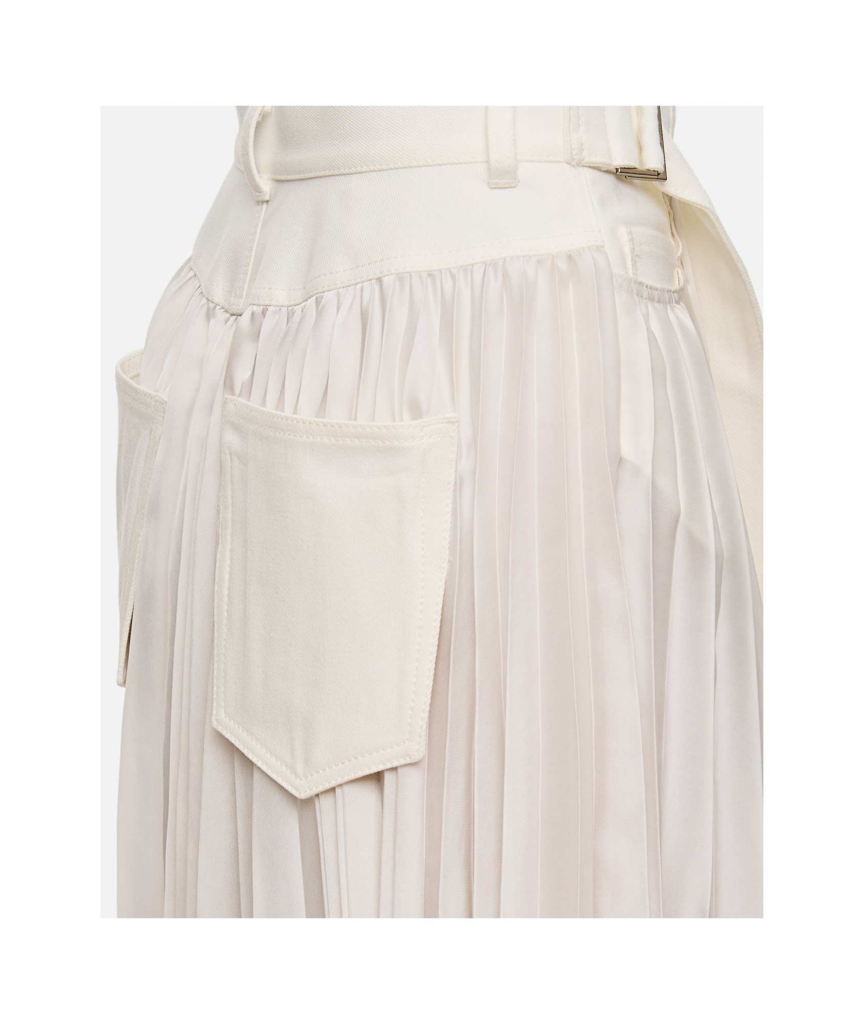 Sacai Belted Denim-trimmed Pleated Satin Midi Wrap Skirt In Nude