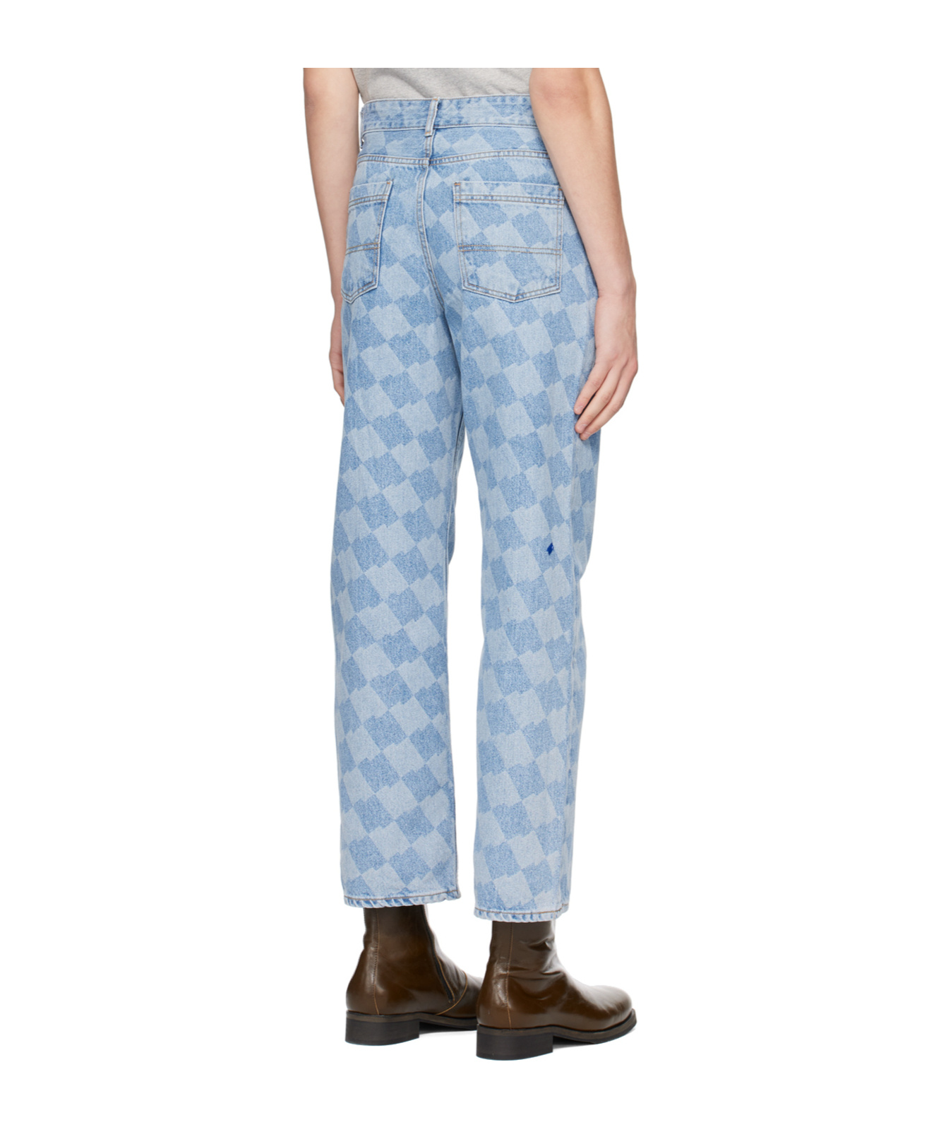 Ader Error Belt-ring Plaid Pattern Denim Pants In Blue