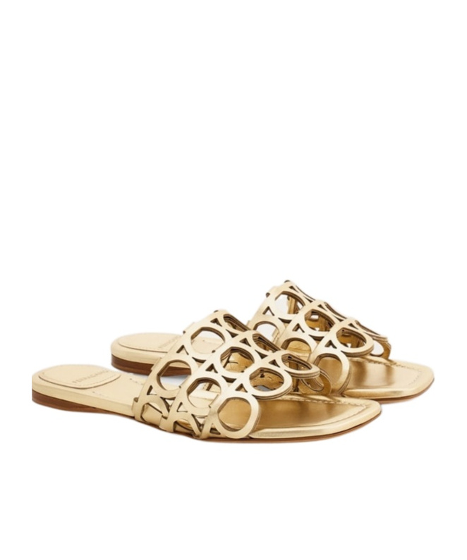 Ferragamo Erne Gancini Leather Slides In Gold