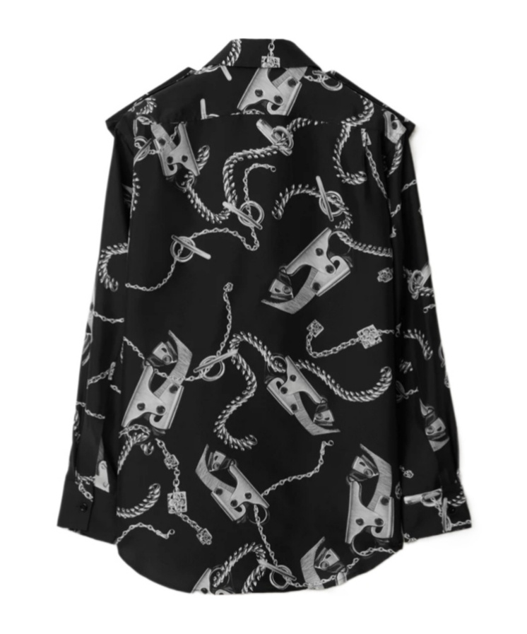 Burberry Chain-print Long-sleeve Collared Silk Top In Black