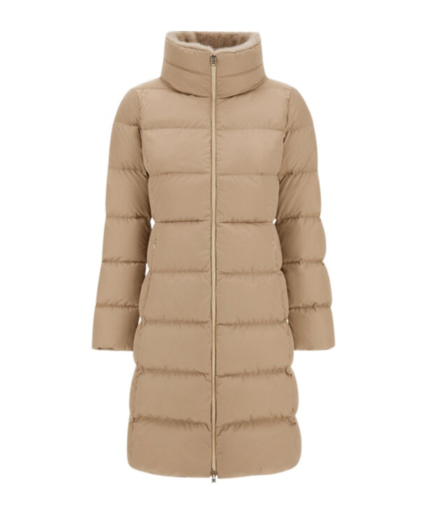 Herno Satin And Lady Alternative Fur Long Jacket In Neutral