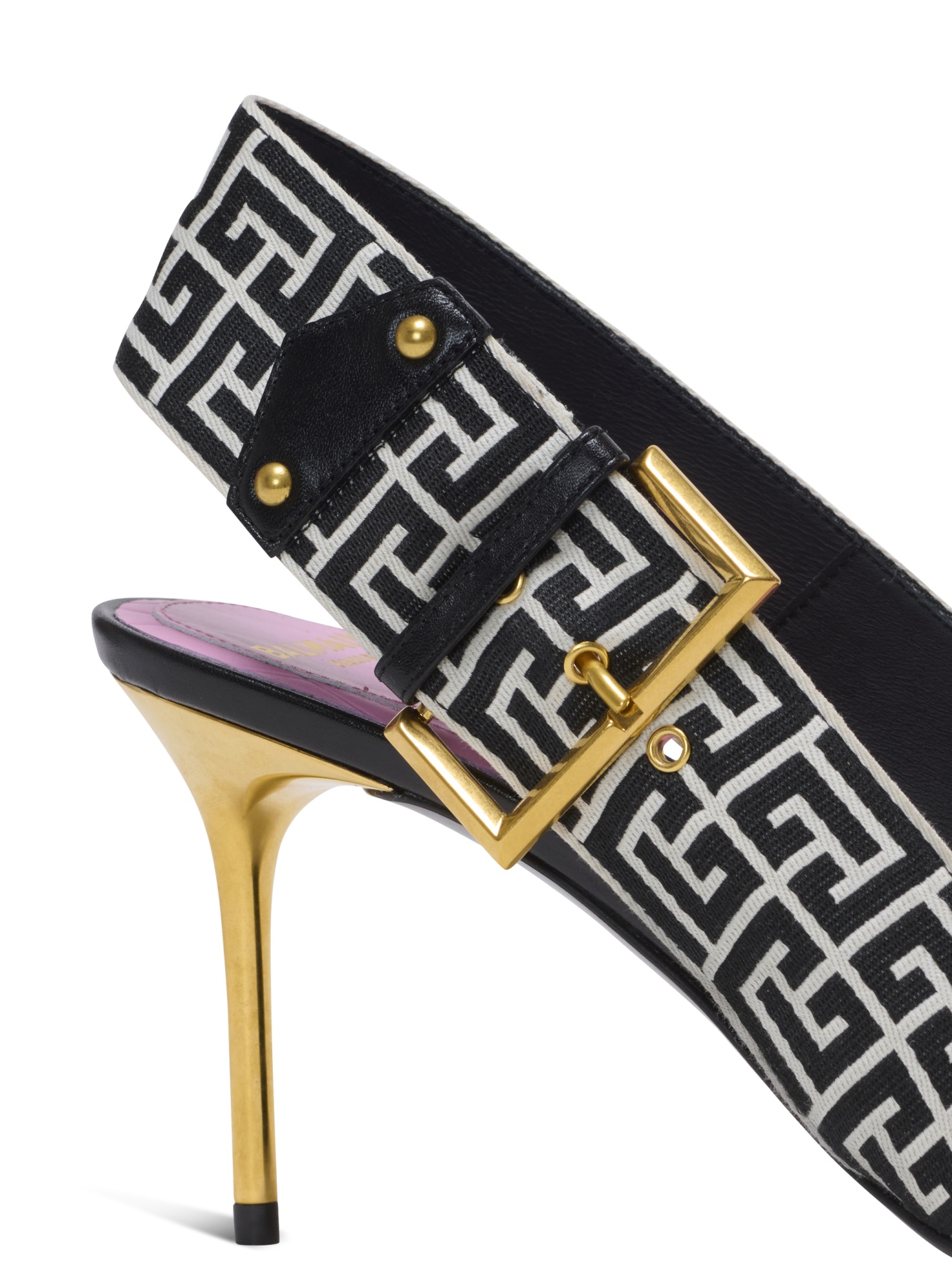 Balmain Ruby Stiletto Slingbacks In Calfskin And Pb Labyrinth Canvas In Black