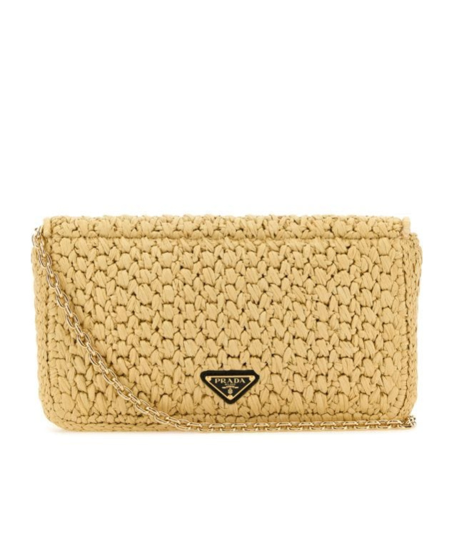 Prada Raffia Crossbody Bag Chain Strap In Tan / Black