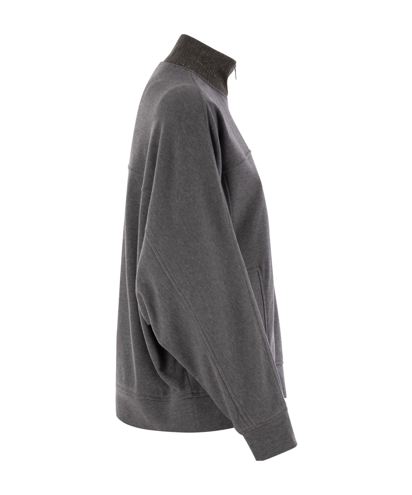 Brunello Cucinelli Women's Smooth Cotton Fleece Topwear With Ribbed Collar Precious In Black
