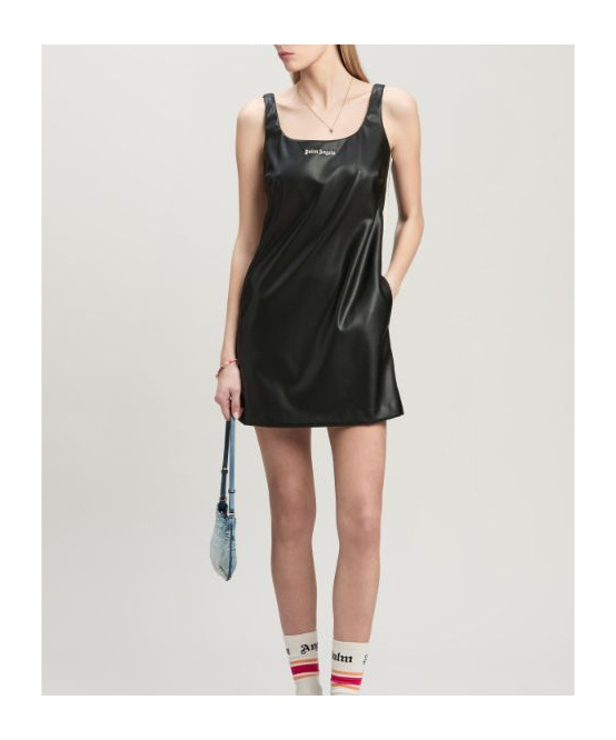 Palm Angels Leather-effect Logo Mini Dress In Black