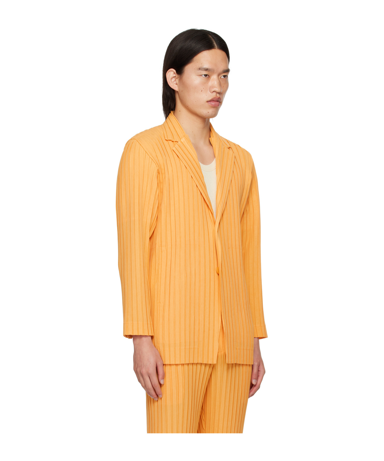 Issey Miyake Pleated Design Blazer In Orange