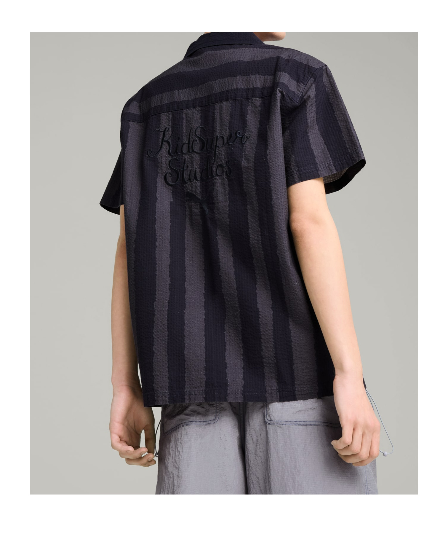 Puma X Kidsuper Stripe Cotton Seersucker Camp Shirt In Navy Blue