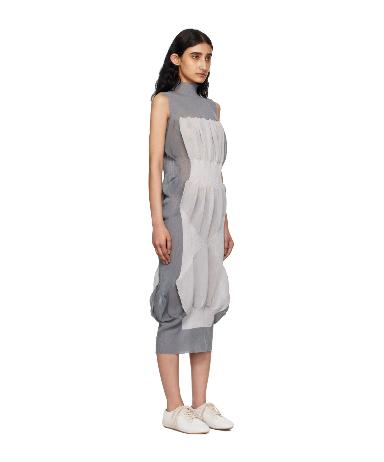 Issey Miyake Pleated Knitted Dress In Gray