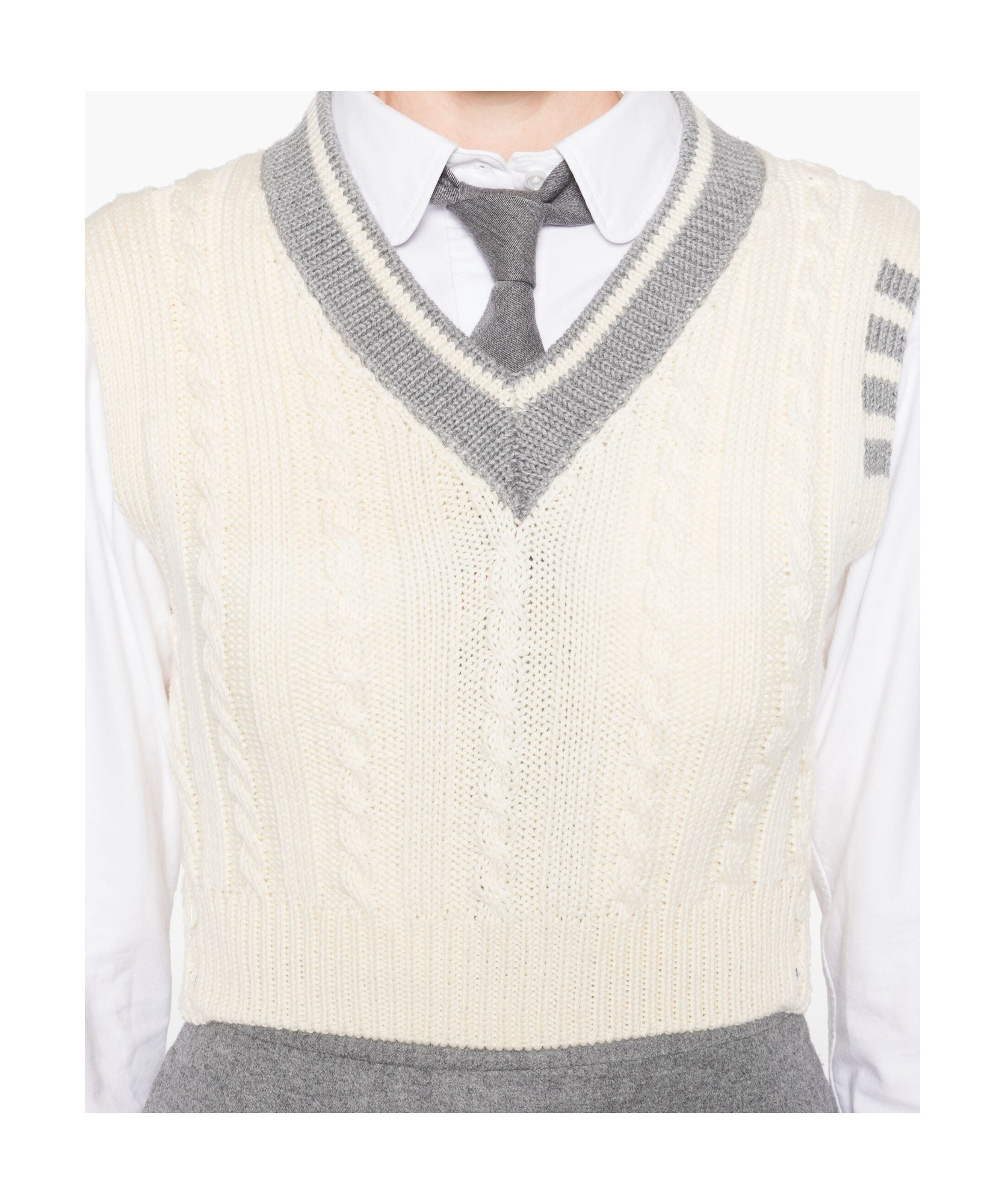 Thom Browne Classic Baby Cable Stitch Cropped V Neck Pullover In White