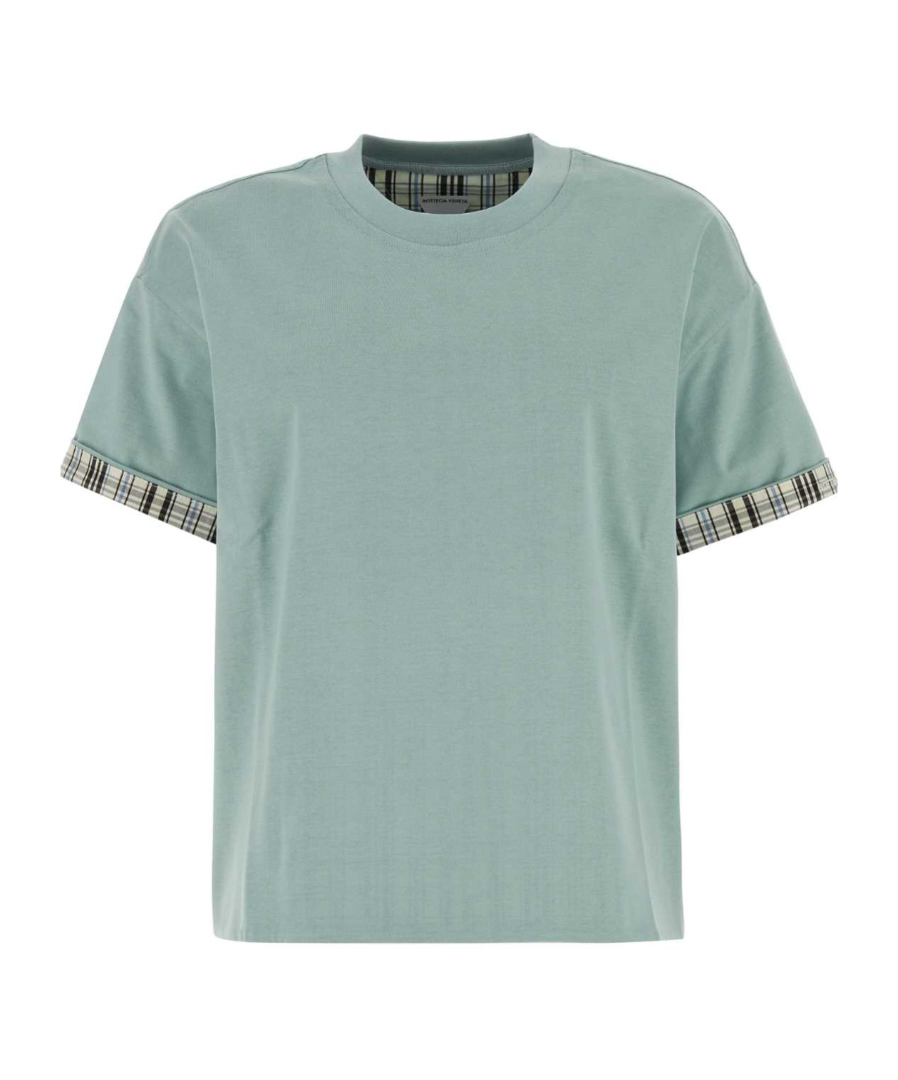 Bottega Veneta Cotton T-shirt With Checked Trim And Foldable Cuffs In Steel Blue/chalk Color/light Color