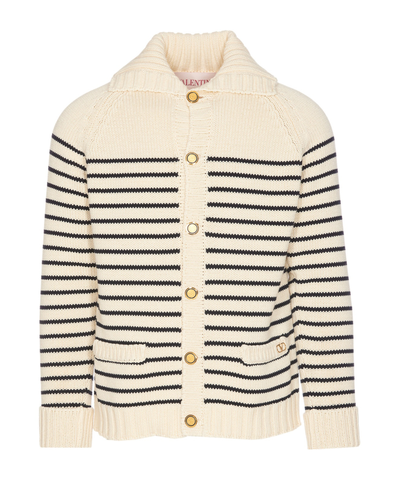 Valentino Striped Shawl Collar Cardigan Pockets In White