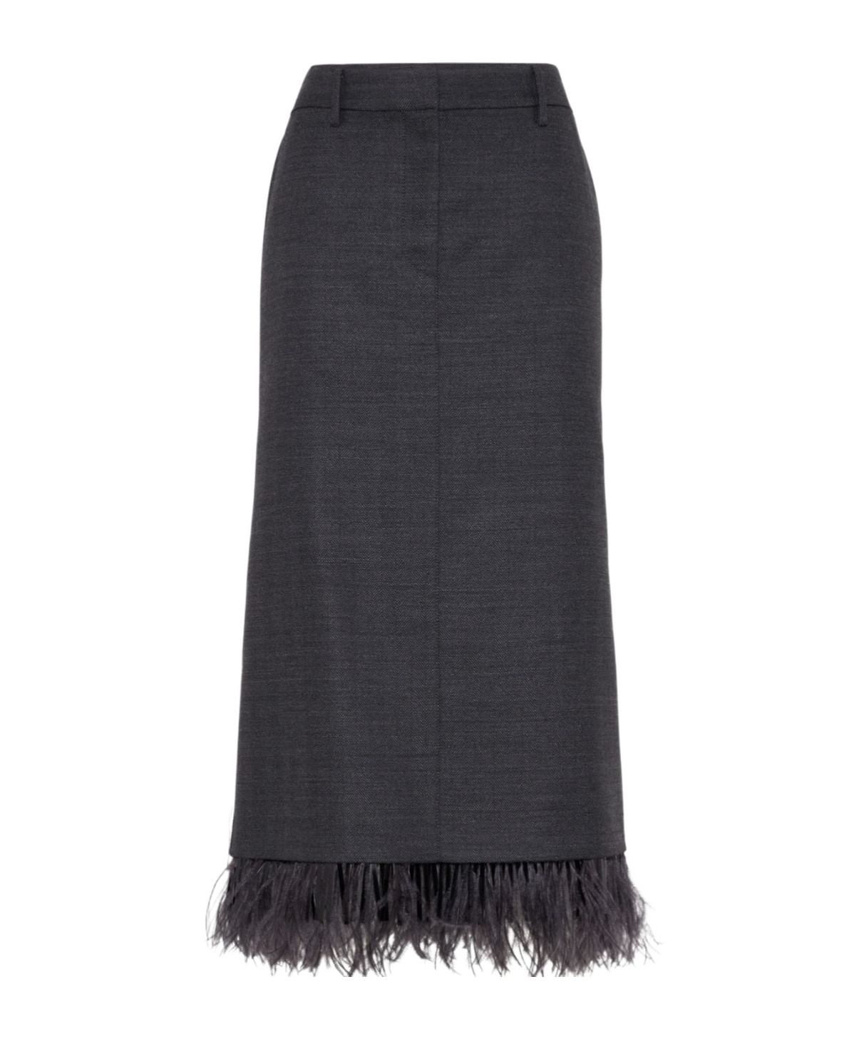 Brunello Cucinelli Virgin Wool Column Skirt With Detachable Feather Trim In Black