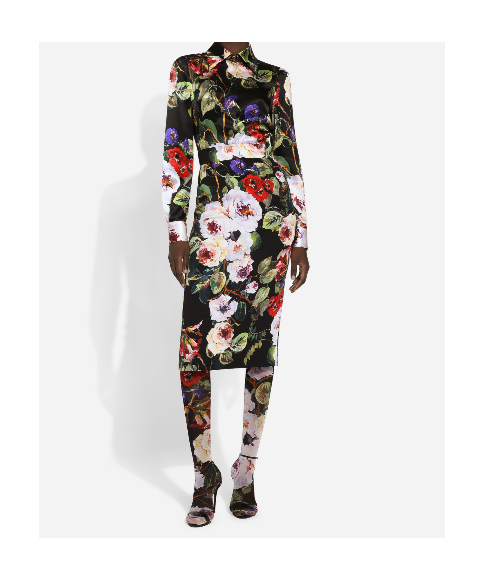 Dolce & Gabbana Silk Blend Satin Flower Printed Shirt In Black