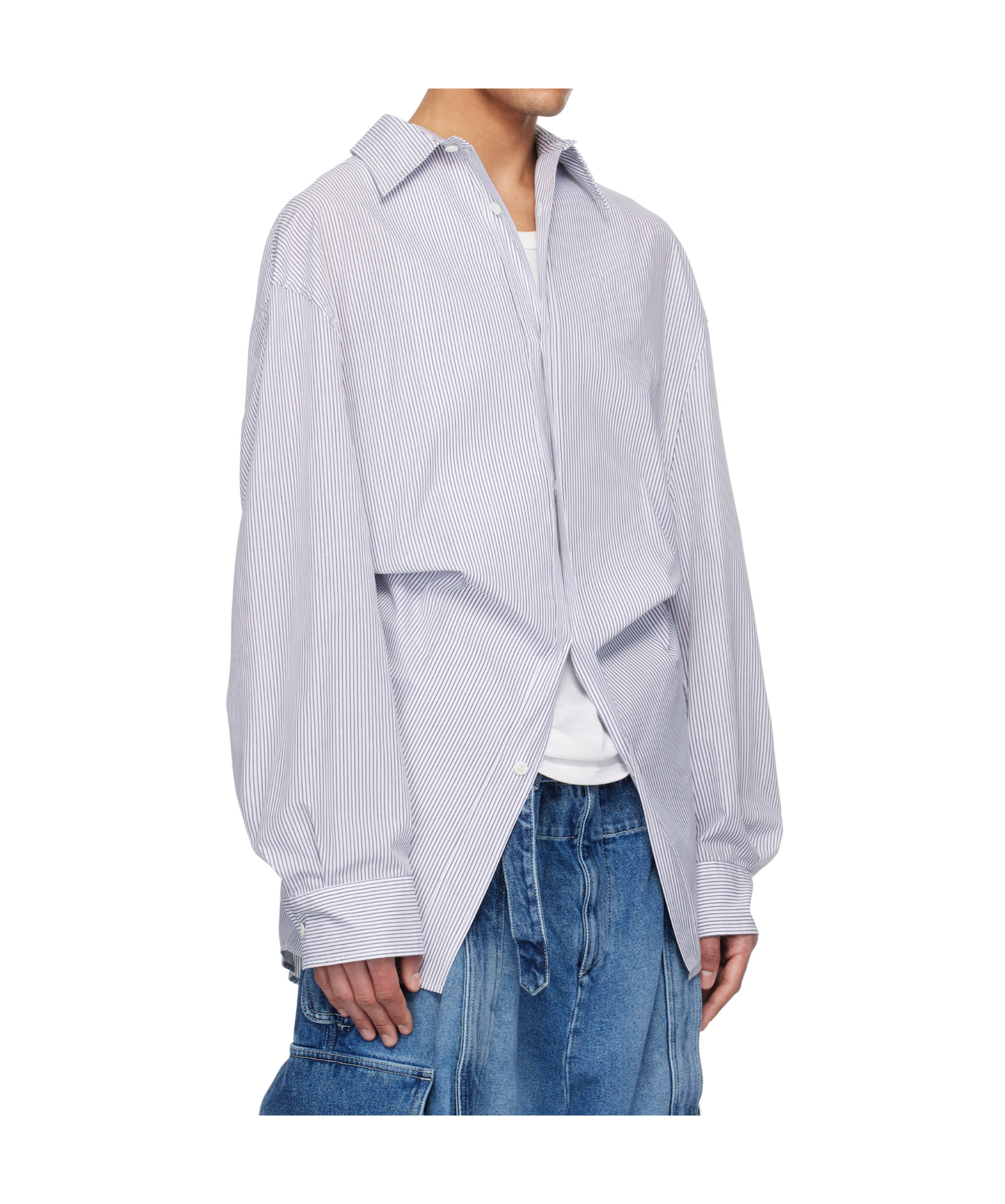 Hed Mayner Navy & White Striped Poplin Shirt In Navy Blue/white