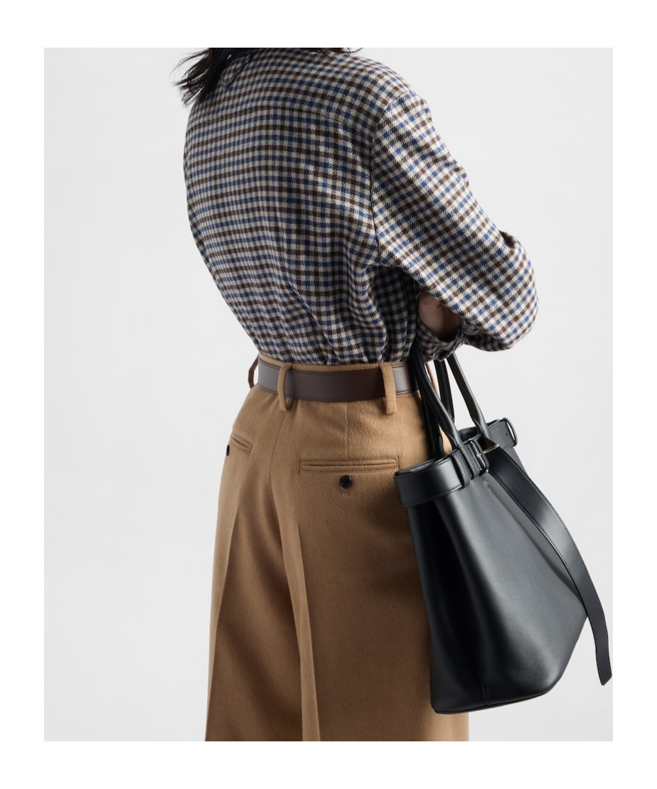 Prada Plaid Button Down Wool Top In Ebony