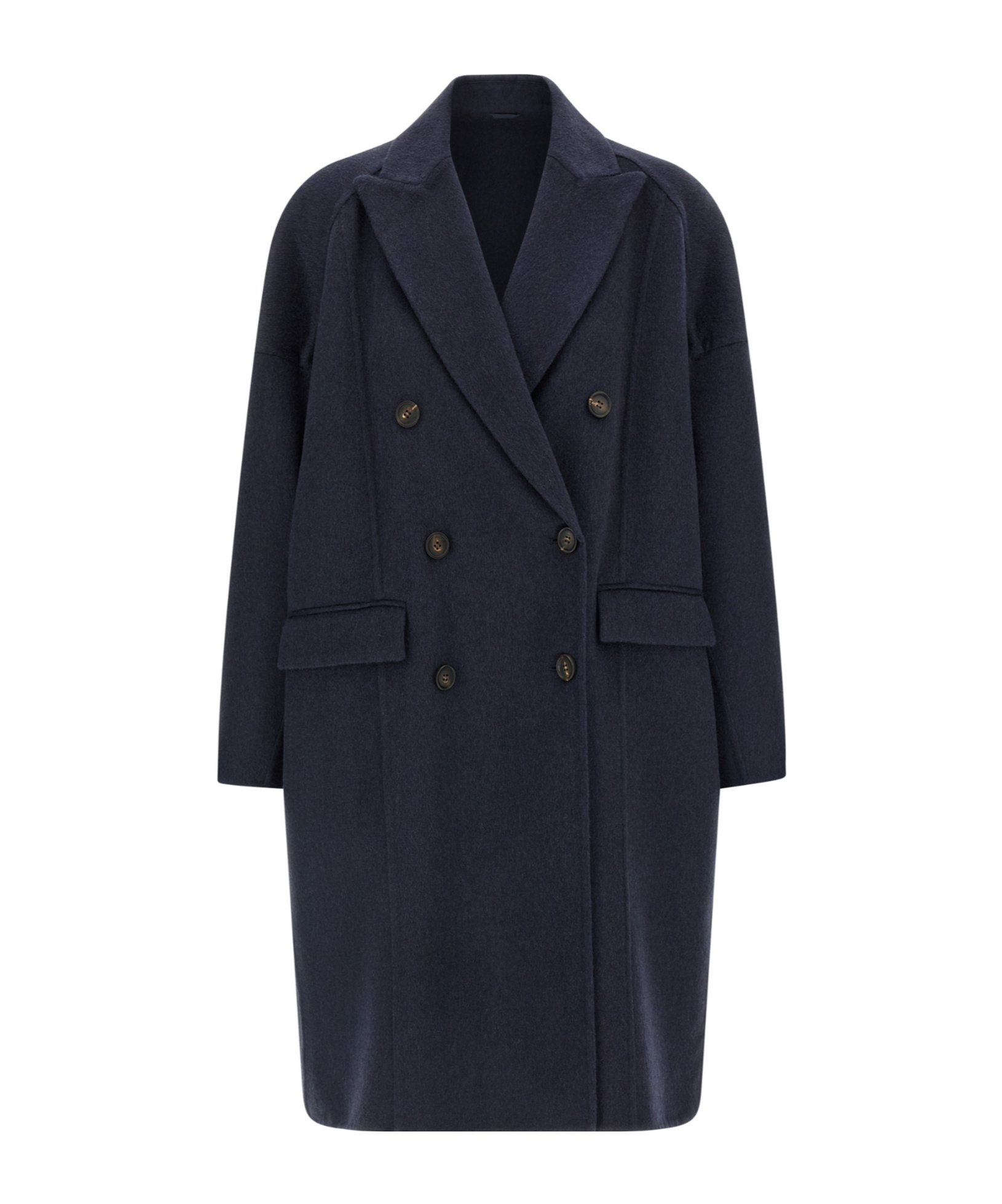Brunello Cucinelli Double-breasted Black Cashmere Coat With Peak Lapels In Blue