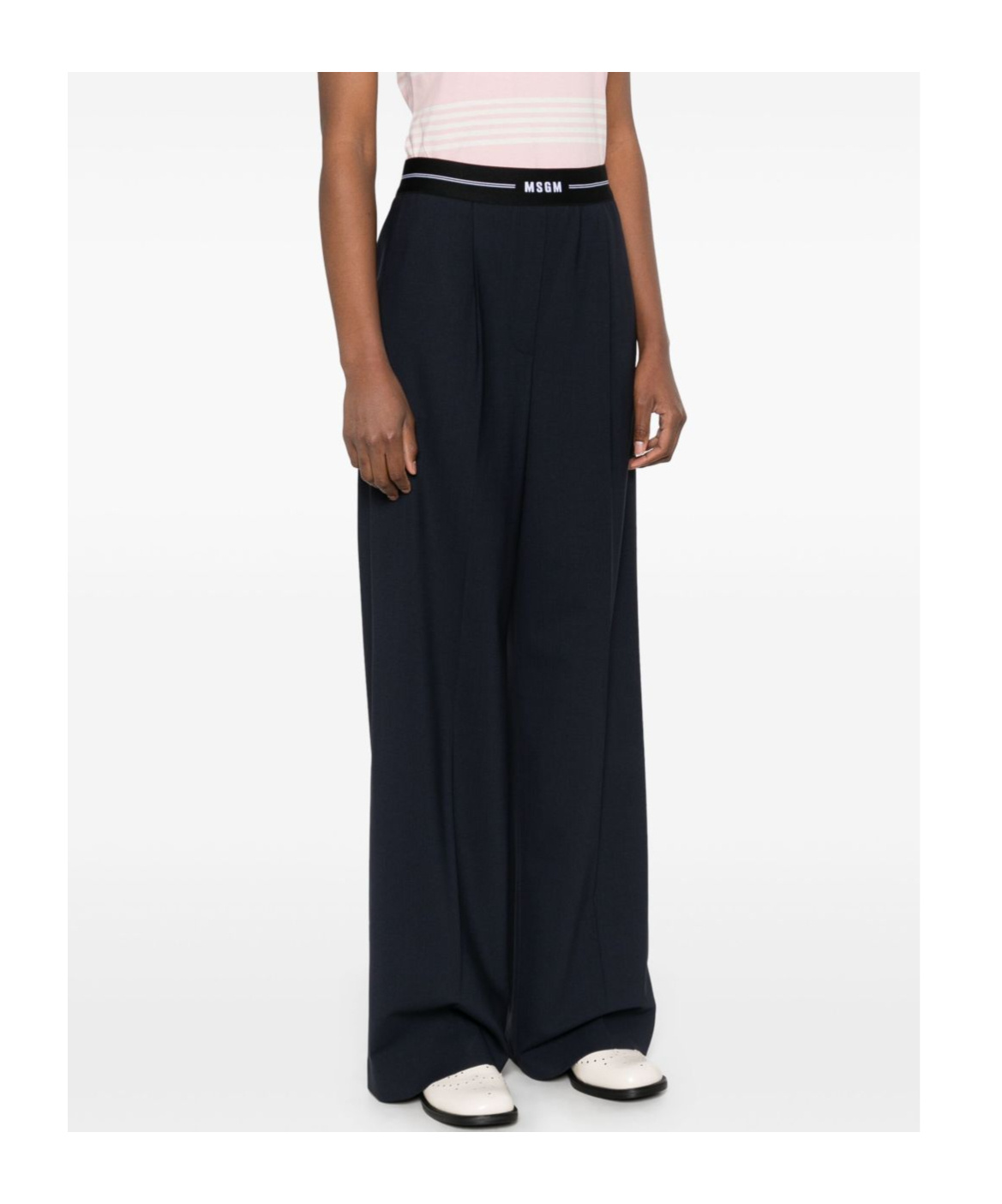 Msgm Blue Wool Trousers With Elastic Waistband And Logo In Black