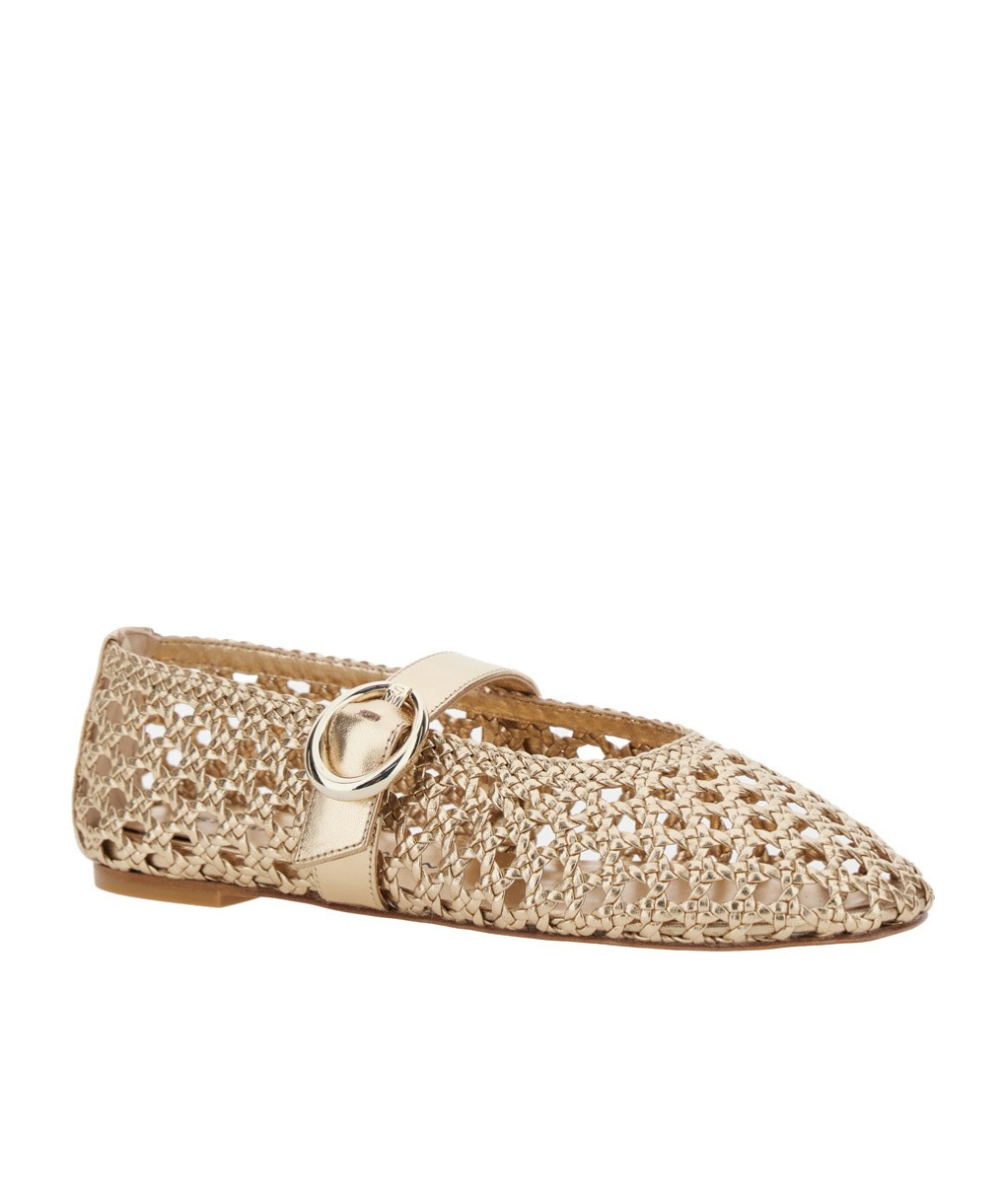 Stuart Weitzman 'thea Maryjane' Gold Colored Ballerinas With Perforated Design In Nude