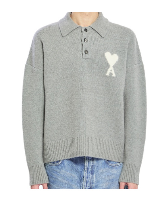 Ami Alexandre Mattiussi Ami Paris Polo Ami De Coeur With Embroidery In Gray