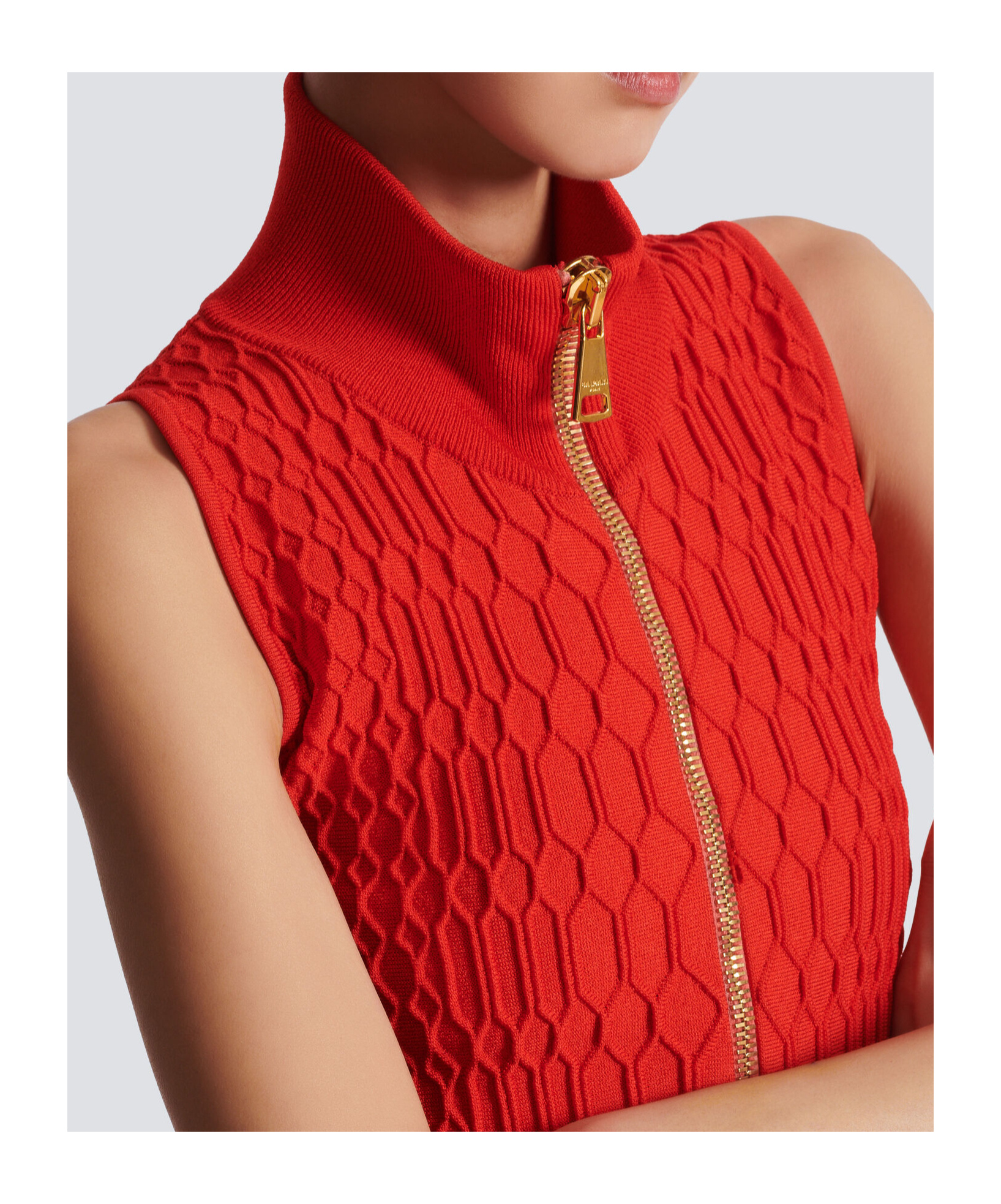Balmain Sleeveless Crocodile-knit Top In Red