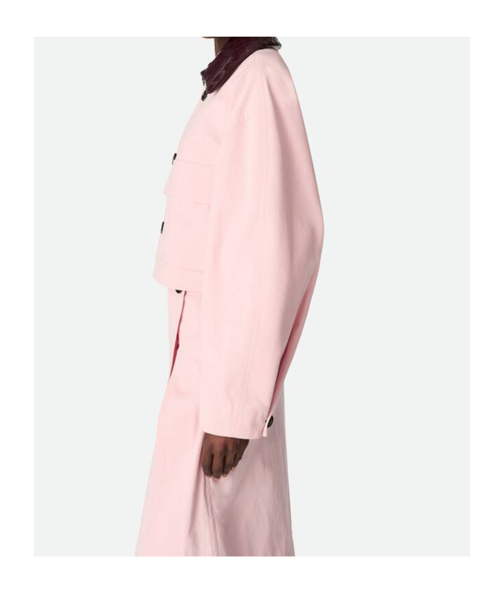 Bottega Veneta Womens Intrecciato-collar Irregular Twill Cropped Cotton Jacket Camelia In Pink