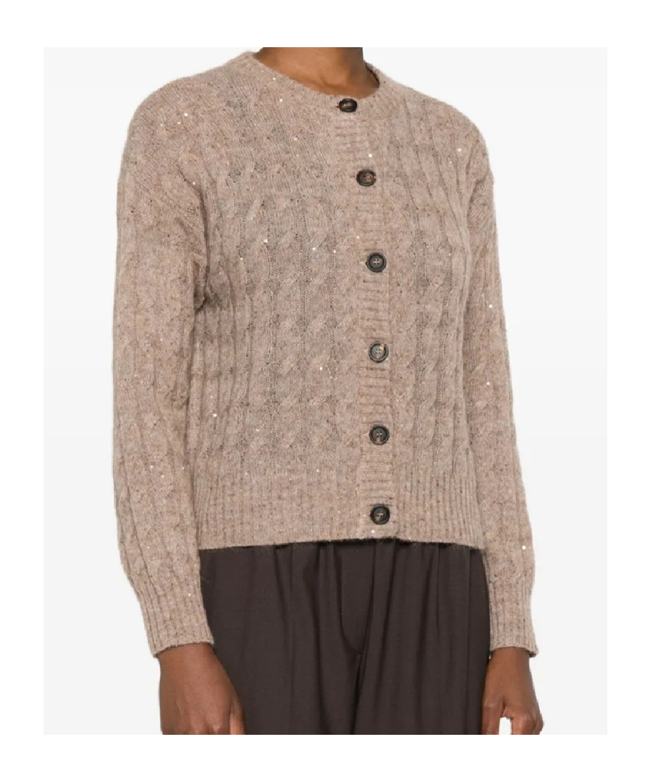 Brunello Cucinelli Sequin-embellished Cable-knit Cardigan In Brown