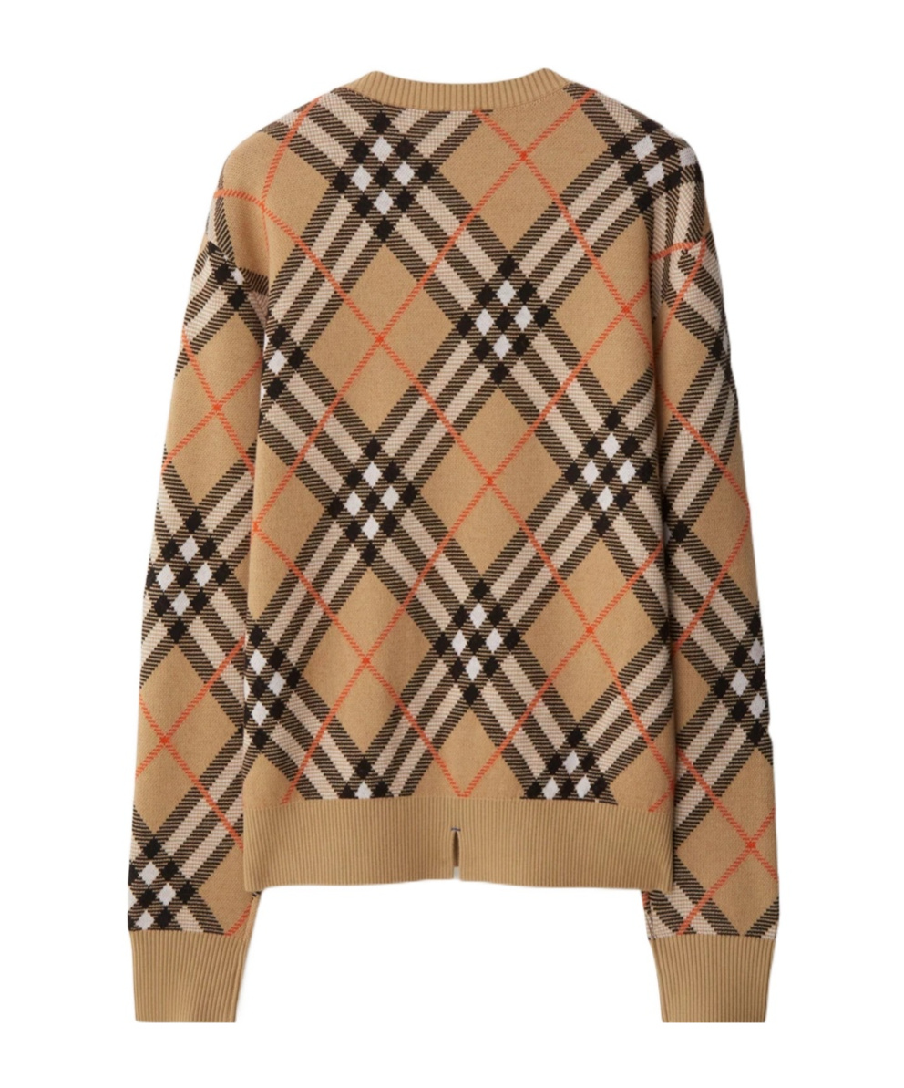 Burberry Beige Crewneck Sweater With Check Motif In Wool And Mohair Woman In Nude