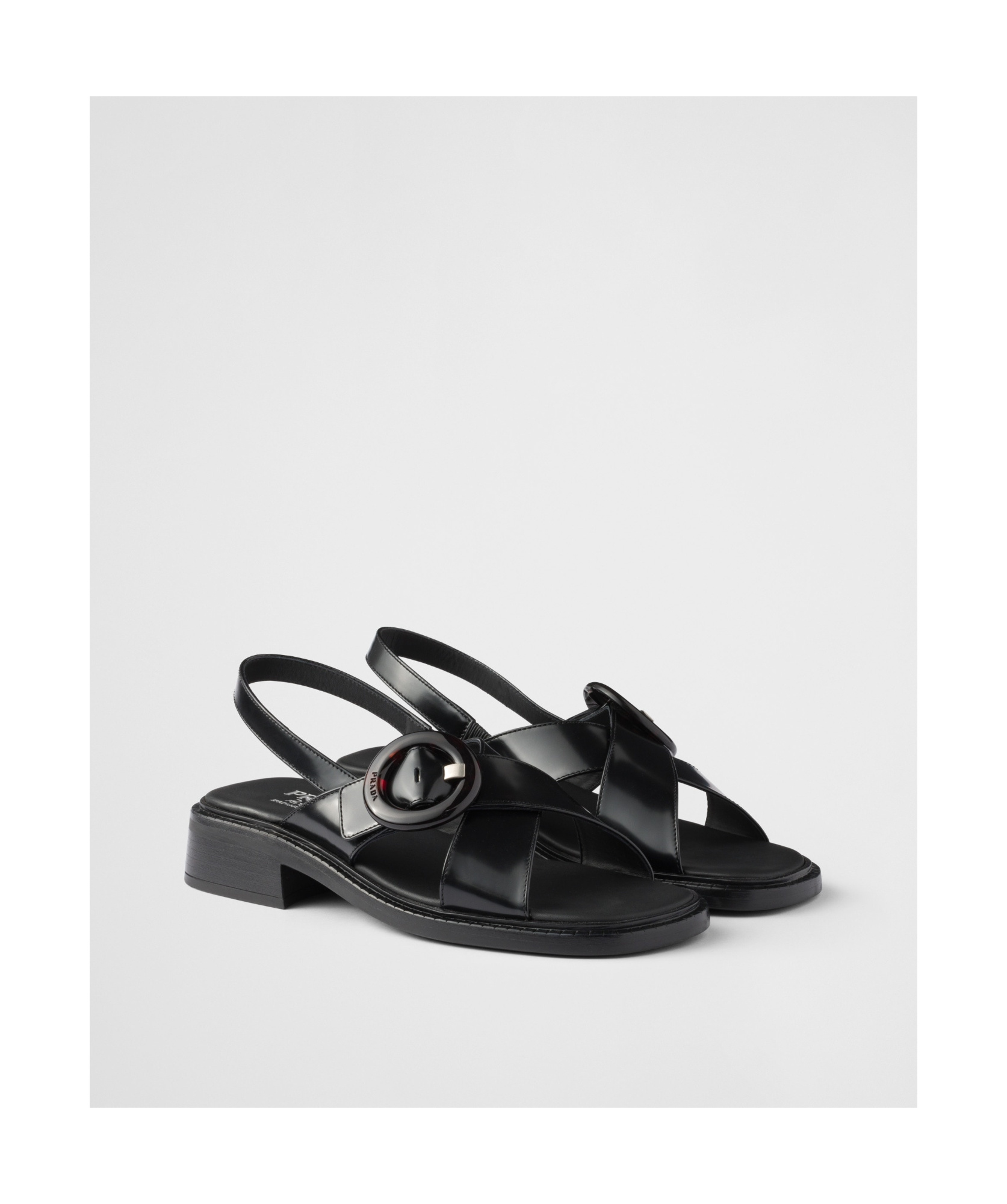 Prada Women's Brushed Leather Sandals With A Burnt Color Buckle In Black