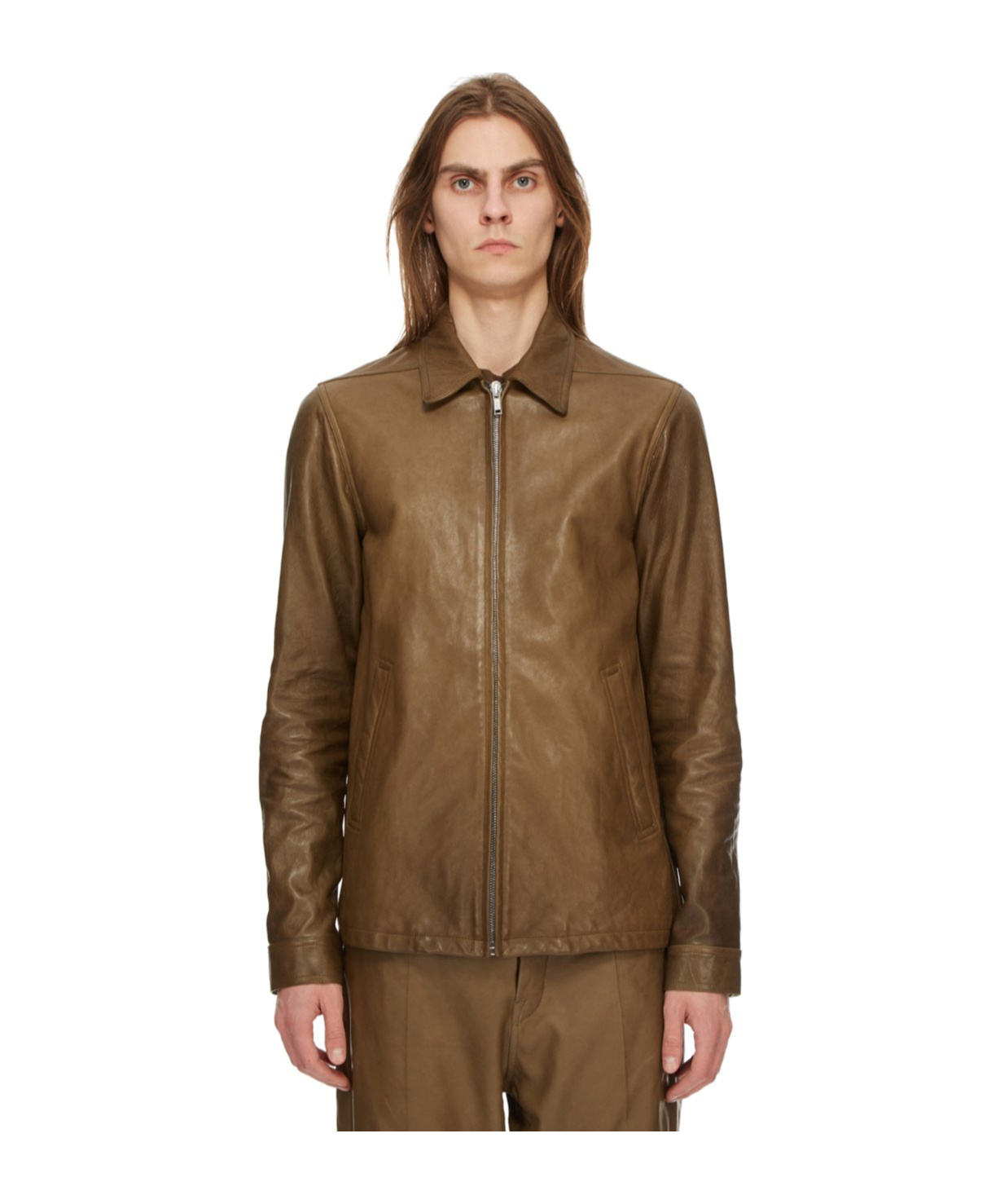 Rick Owens Long-sleeved Leather Jacket In Brown