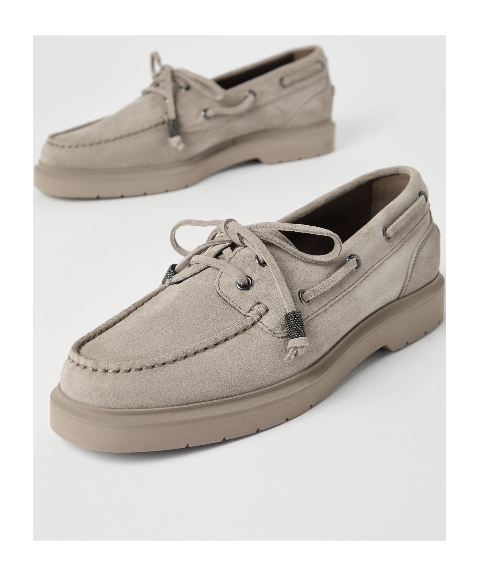 Brunello Cucinelli Taupe Grey Boat Moccasins With Monili Chain In Neutral