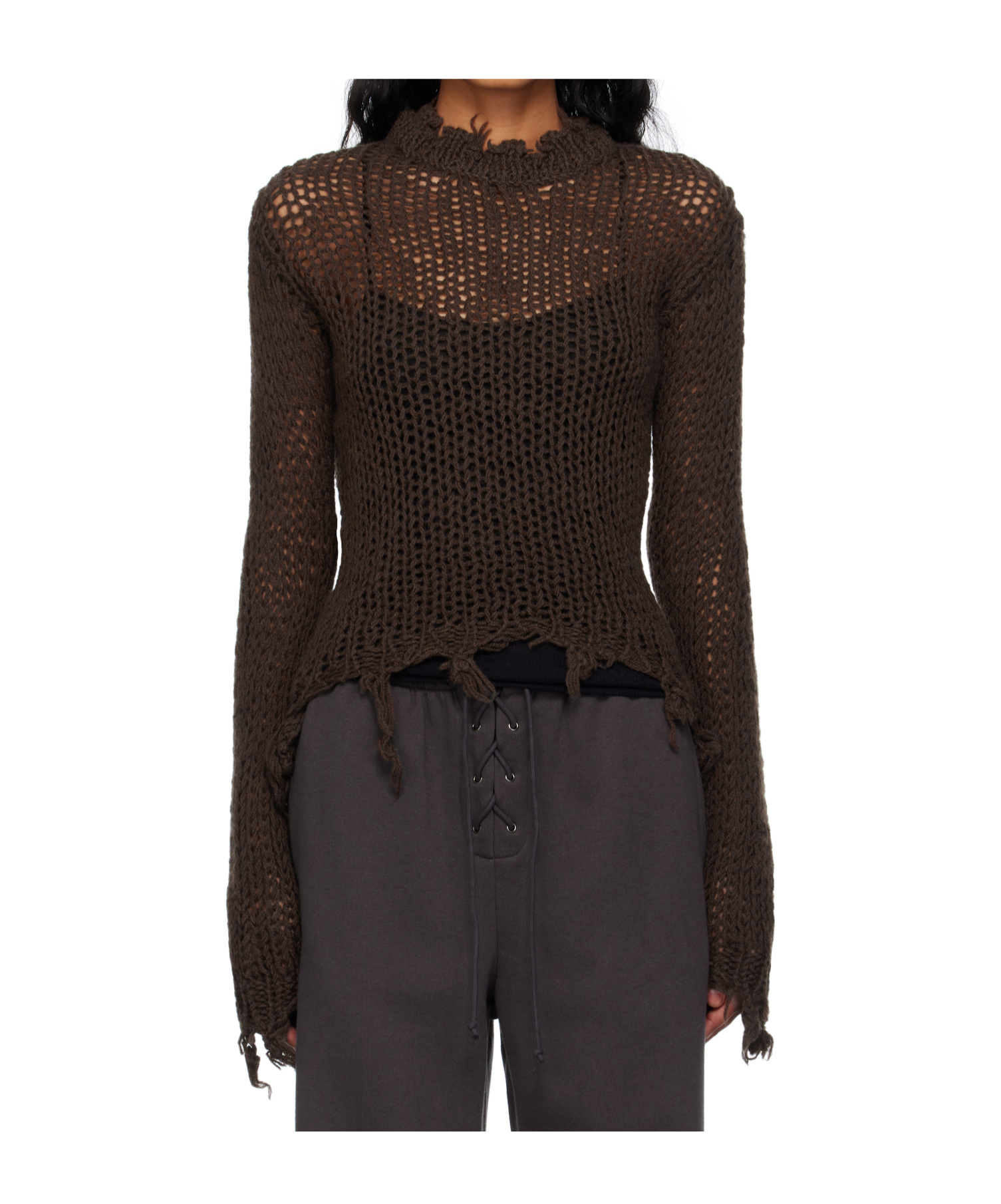 Open Yy Distressed Crop Knit Sweater In Brown