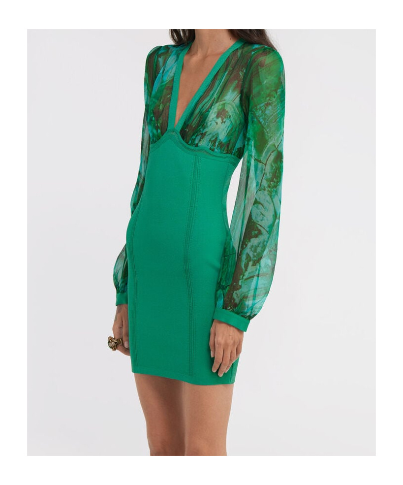 Roberto Cavalli V-neckline Fitted Silhouette Mini Length Sheer Long Sleeves In Green
