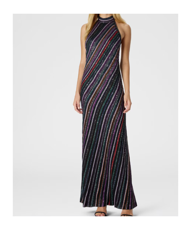Missoni Long Dress With Halter Neck And Herringbone Stripe Knit In Black