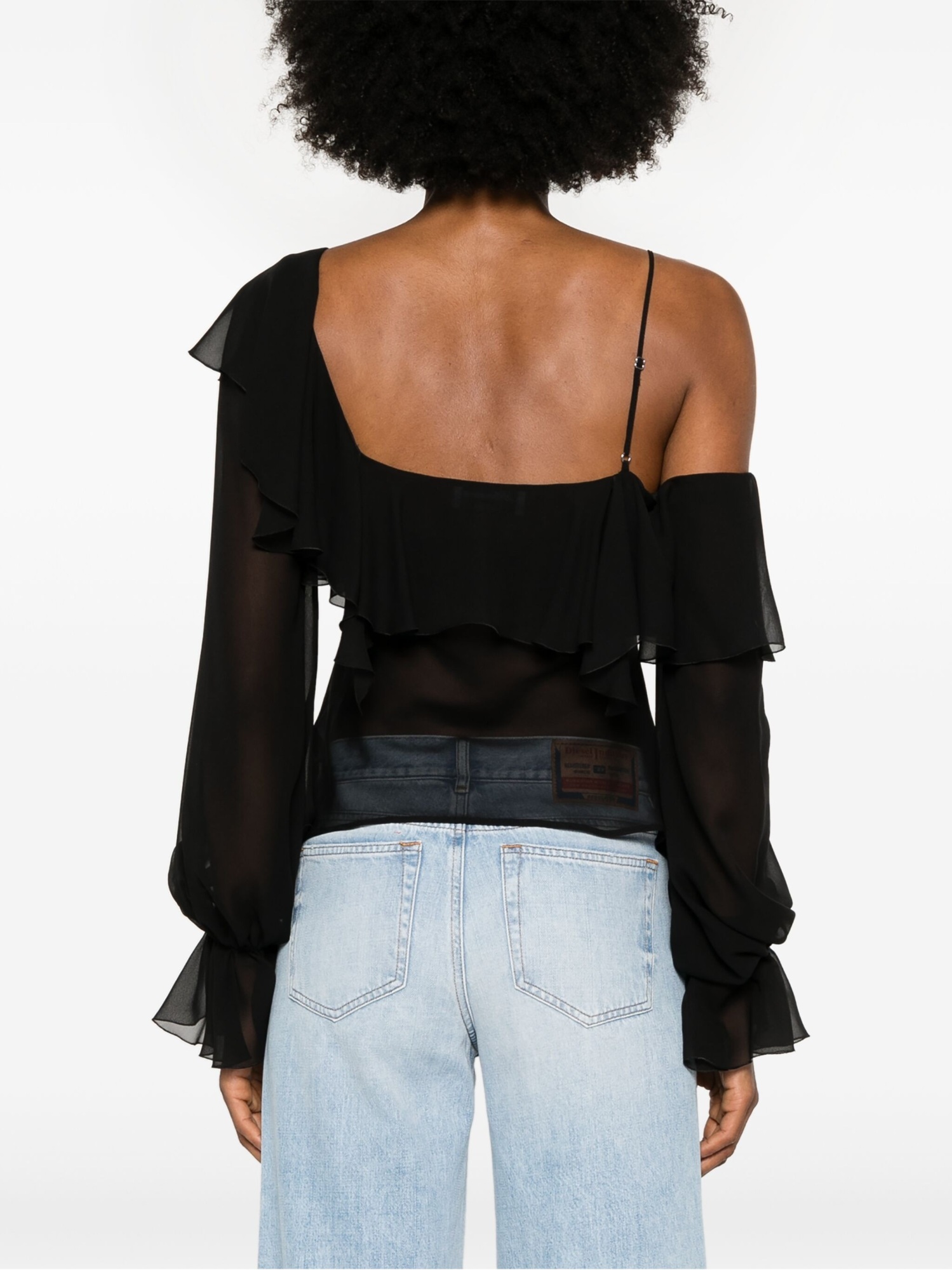 Blumarine Silk Sheer Ruffled Blouse In Black