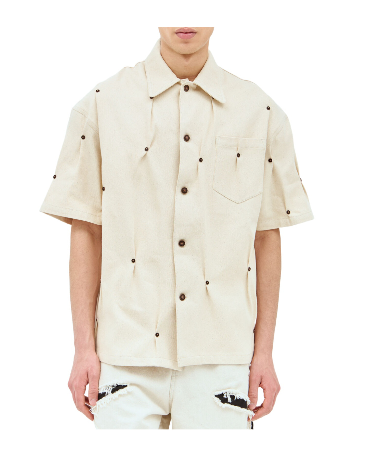 Kusikohc Multi-rivet Denim Short Sleeves Shirt In Beige