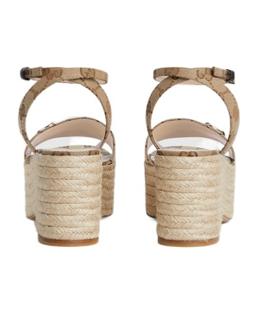 Gucci Lady Horsebit Gg Platform Espadrille Sandals In Beige/dark Brown