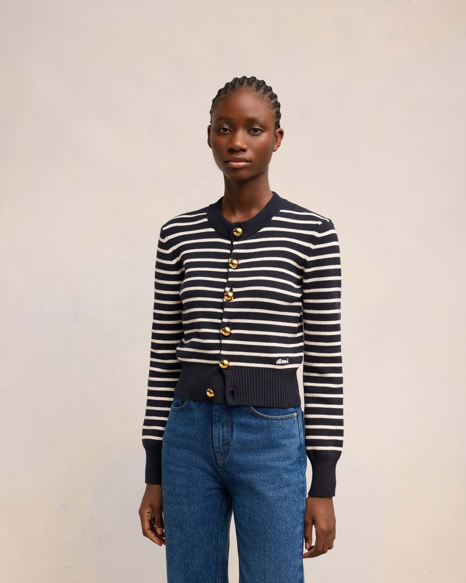 Ami Alexandre Mattiussi Ami Cropped Blue Cardigan With Striped Pattern In Black