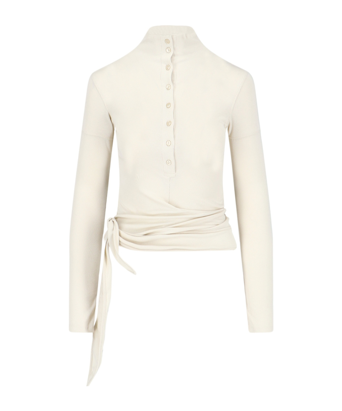 Low Classic Long Sleeve High Neck Top With Buttons In White