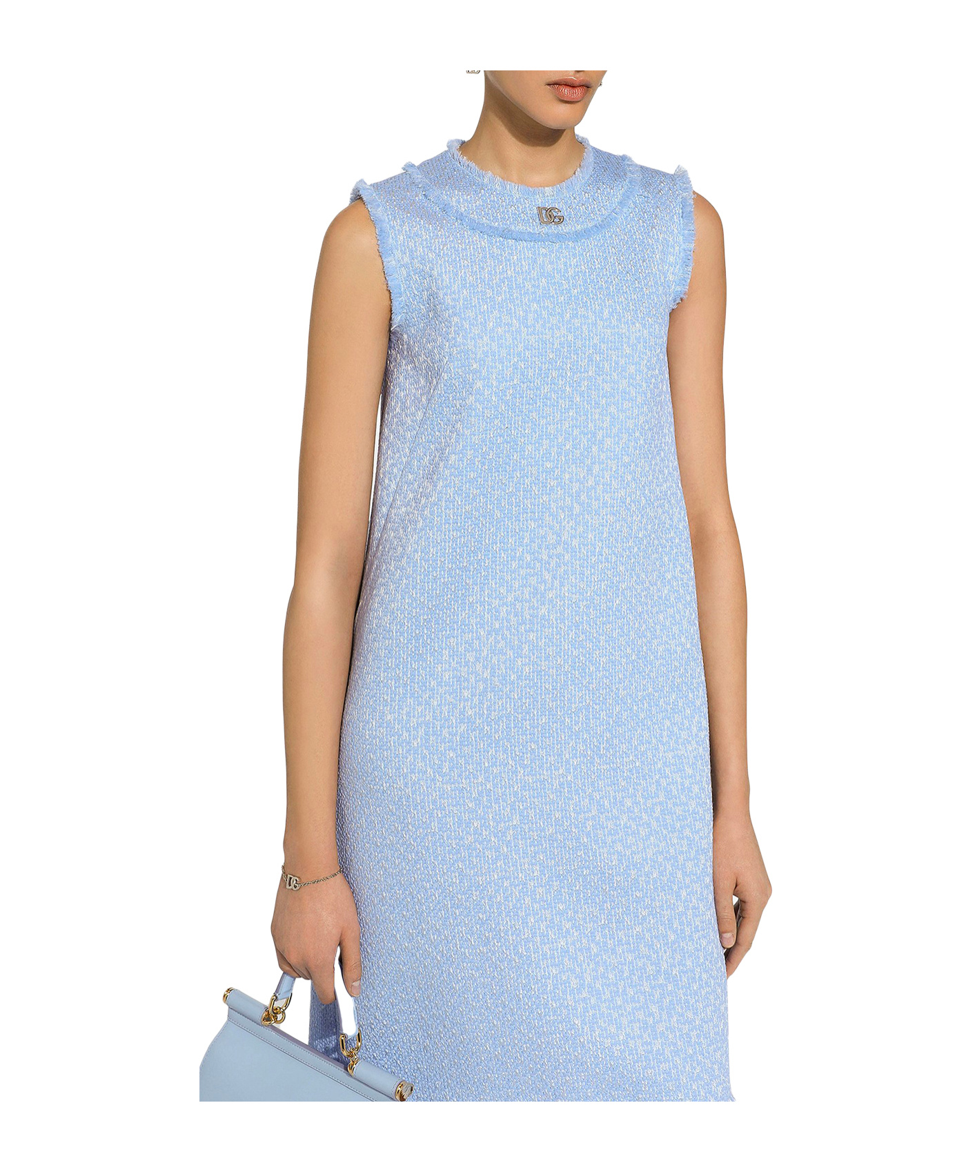 Dolce & Gabbana Light Blue Sleeveless Raschel Tweed Dress With Dg Logo In Blue