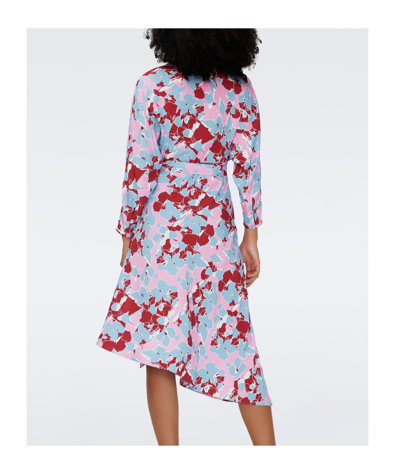 Diane Von Furstenberg V-neckline Long Sleeves Belted Waist Asymmetric Hem Floral Pattern In Multicolor